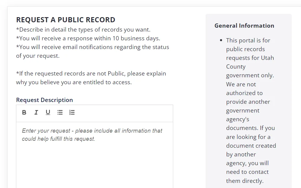 A screenshot of the form that can be used to request public documentation in Utah County.