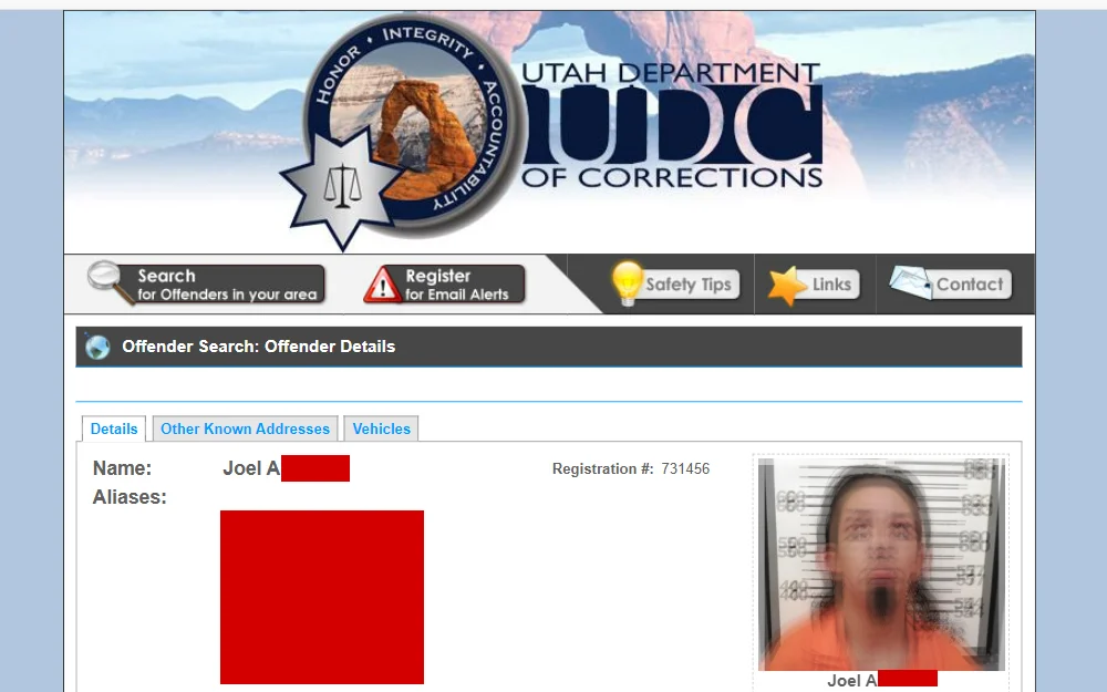 A screenshot of the search tool that allows users to obtain details about sex offenders in Utah.