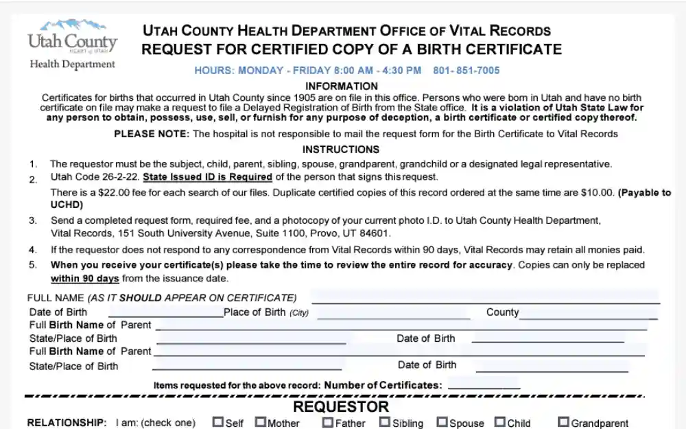 A screenshot of the form used to obtain birth documents in Utah County.