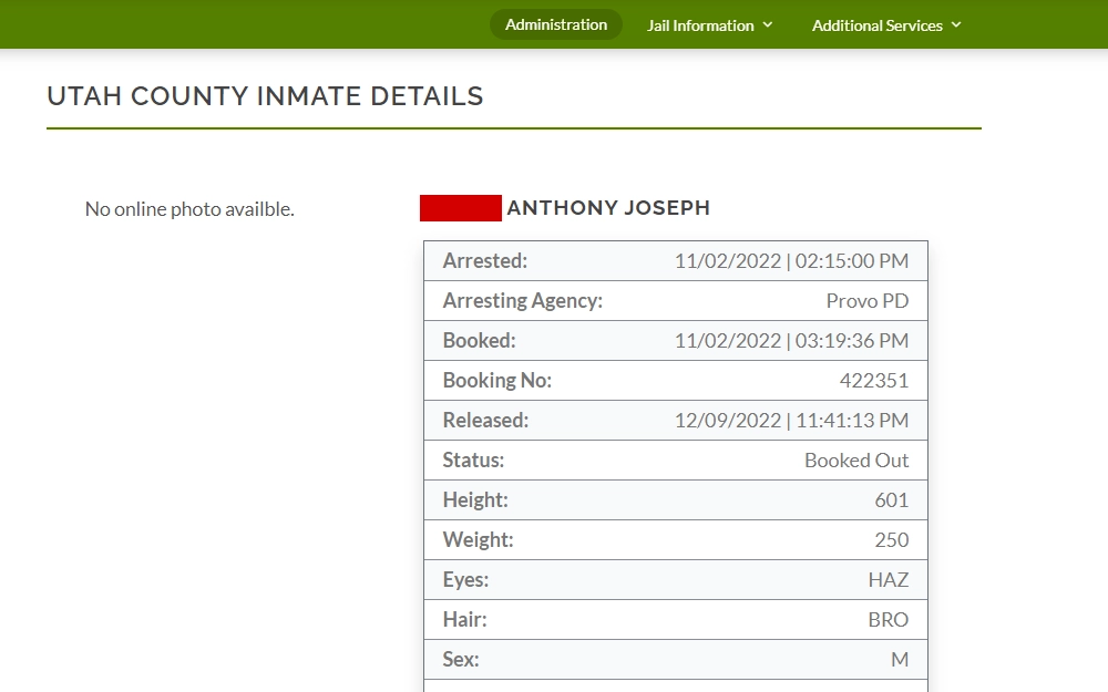 A screenshot of the search tool that allows users to obtain arrest data in Utah County.