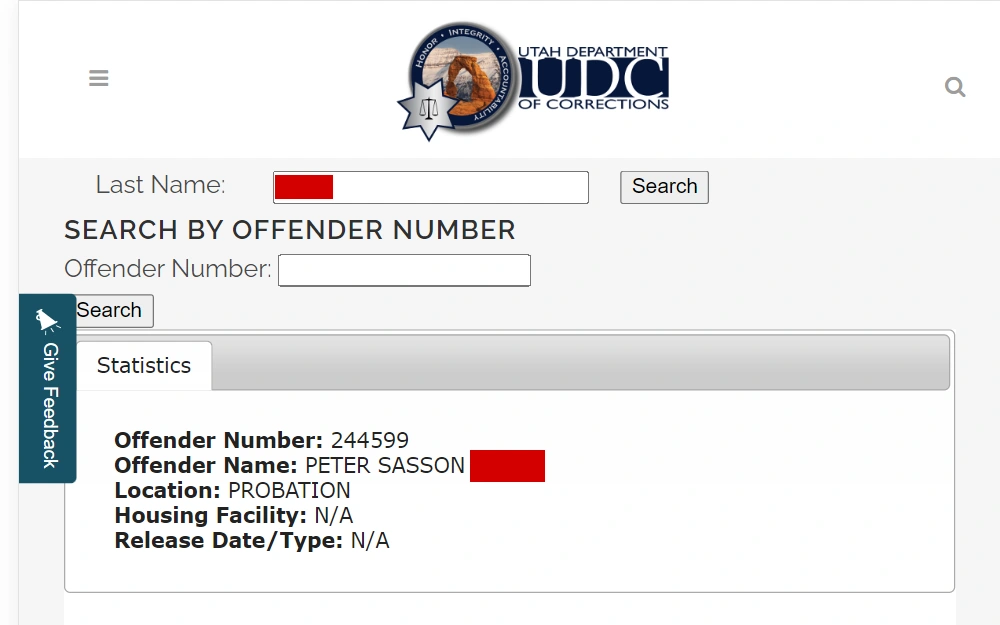 A screenshot of the search tool that provides the public with information on the probation status of inmates.