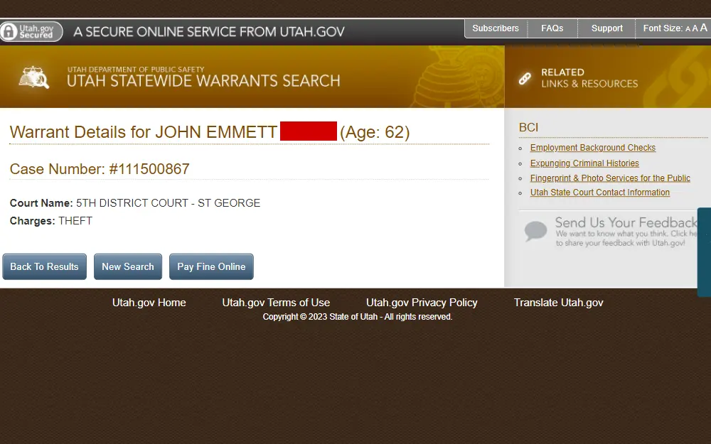 A screenshot of the search tool where the users can find reported warrants.