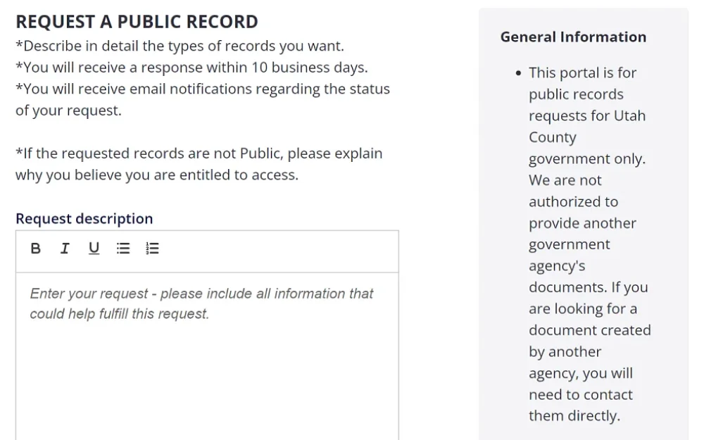 A screenshot displaying a request for a public record online form with a box to be filled in with the request description and instructions regarding the detailed description of the type of records and process information.