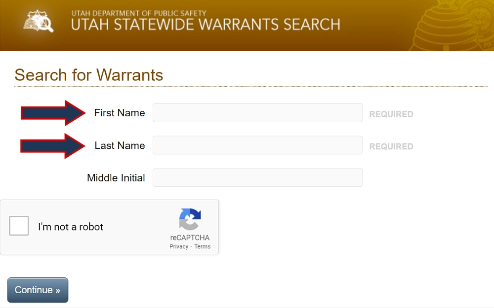 A screenshot showing a search for a warrant with search filters such as first and last name as required information and middle initial as an option from the Utah County Sheriff’s Office website.