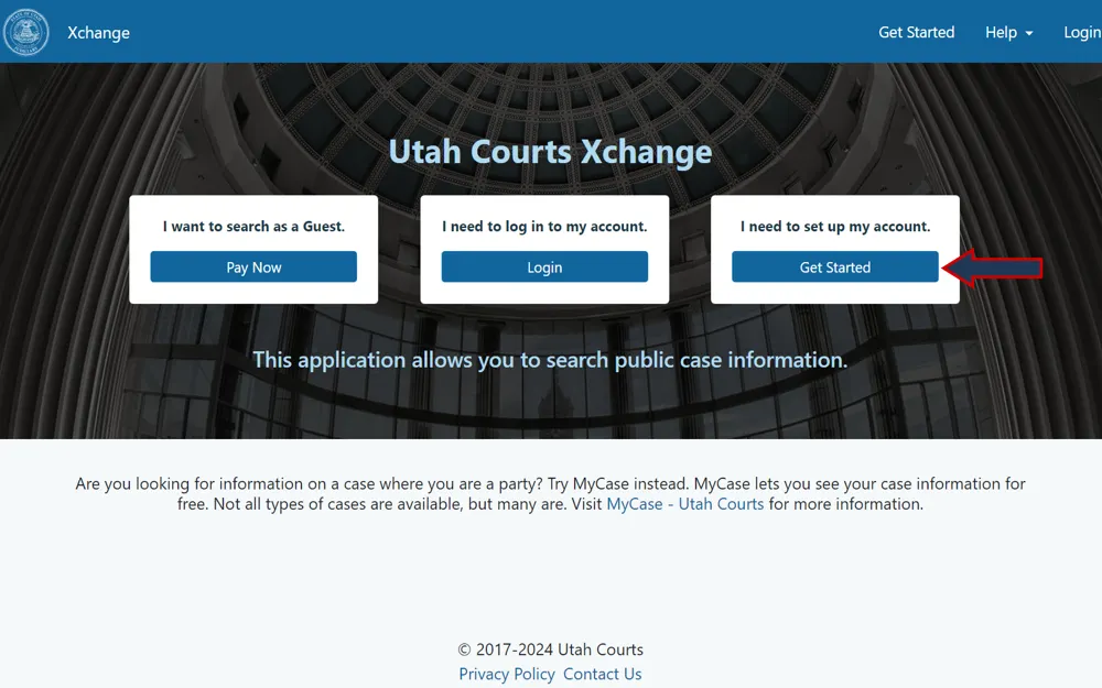 A screenshot from the Utah State Courts featuring options to search as a guest, log in to an account, or set up a new account.