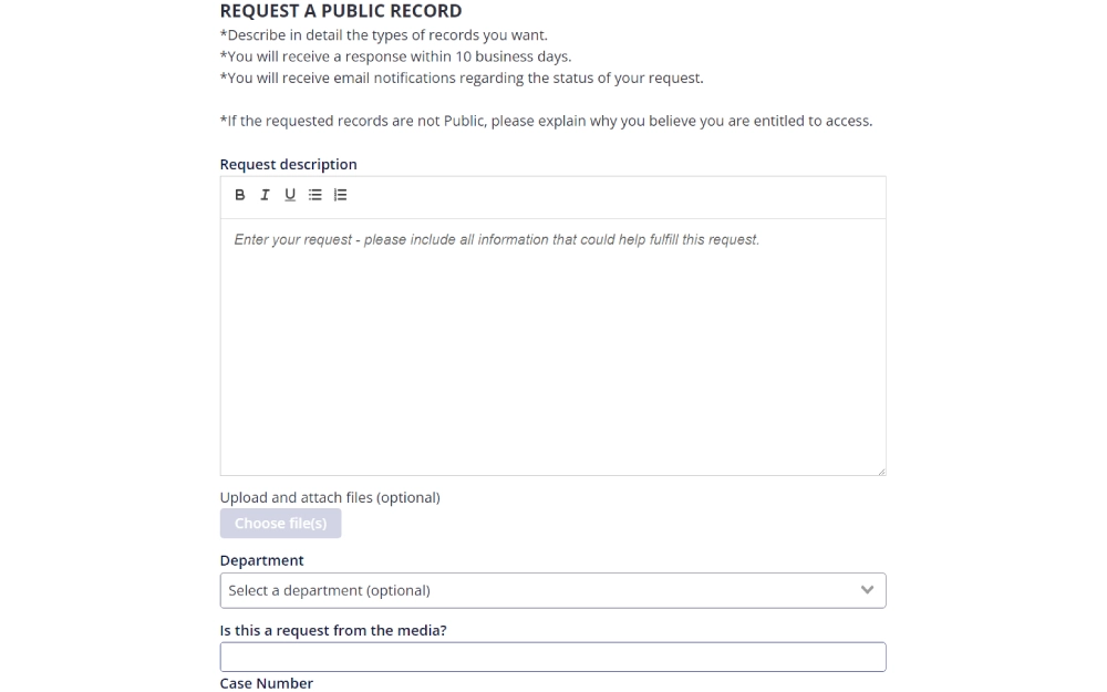 A screenshot of an online form for requesting public records from the Government Records Access and Management Act detailing the instructions for submission, a field for describing the request, options to upload files, and to select a department, with additional checkboxes for indicating if the request is from the media.