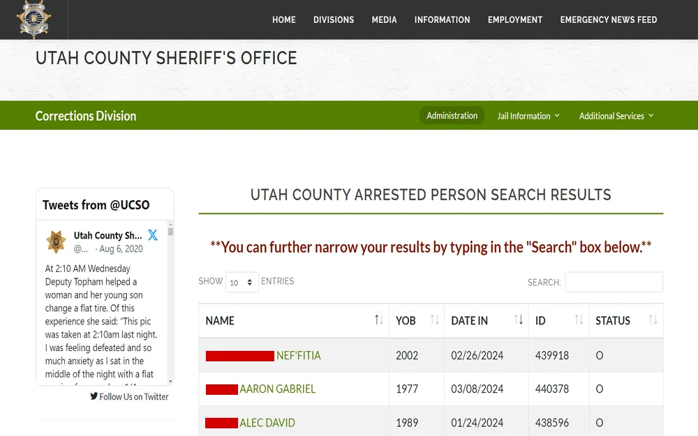 A screenshot from the Utah County Sheriff’s Office website under the Corrections Division section shows a search results table with names, years of birth, dates of intake, identification numbers, and statuses of individuals, accompanied by an option to narrow results using a search box.