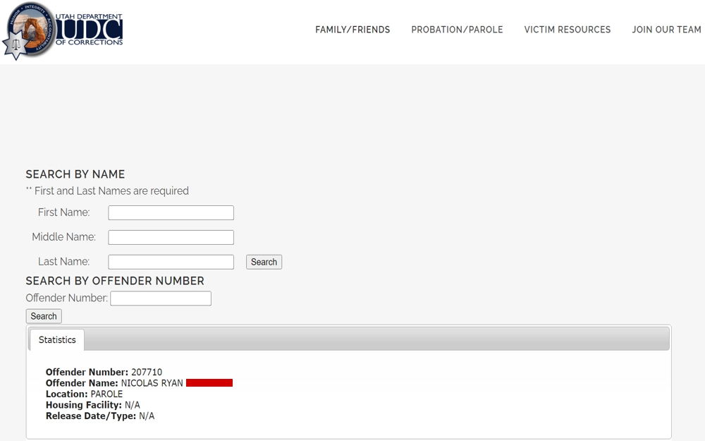 A screenshot from the Utah Department of Corrections website featuring two search forms for locating individuals, one by name with fields for first, middle, and last names, and another by offender number, including a sample search result with the offender's number, name, location status, housing facility, and release details.