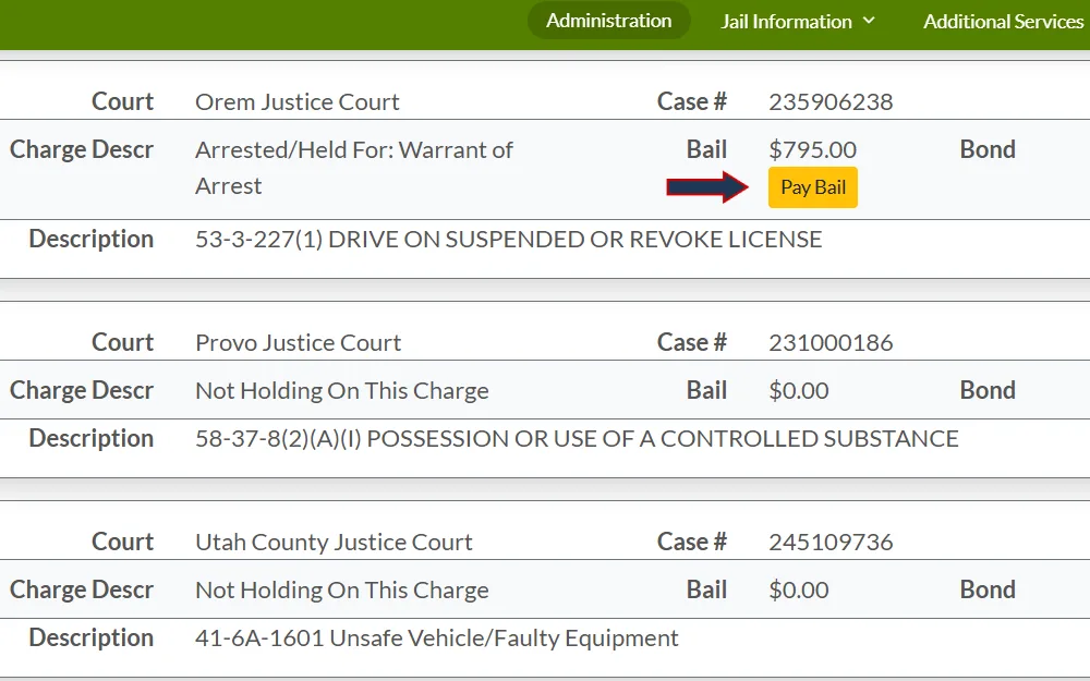 A screenshot from the Utah County Sheriff's Office inmate search results showing an inmate's case information, including court, charge description, case number, and bail amount, with an arrow pointing to the 'Pay Bail' button.