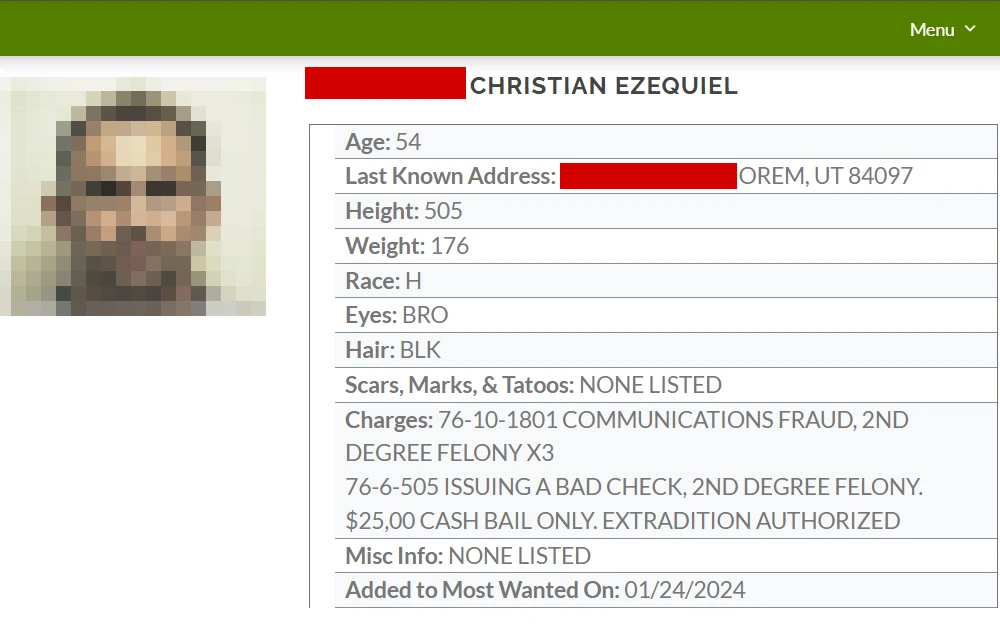 A screenshot from the Utah County Sheriff's Office displays a most wanted individual's details, including the name, age, last known address, identifying physical characteristics, charges, and the date they were added on the most wanted list.