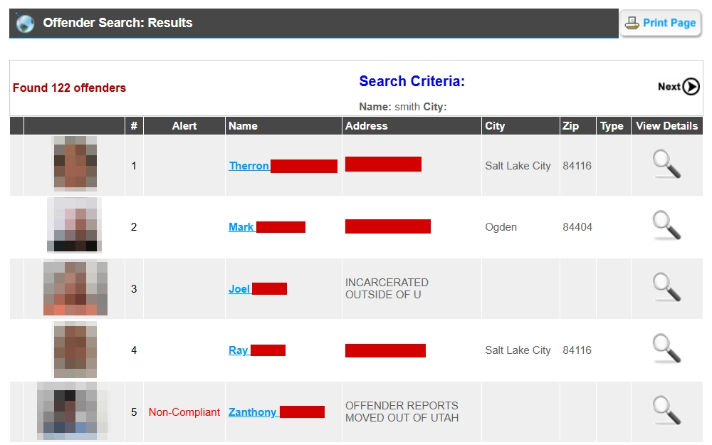 A screenshot from the Utah Department of Public Safety displaying search results for sex offenders in a table with columns for thumbnail mugshots, alert, name, address, city, zip code, and address type, along with a column of magnifying glass icons for viewing more details.